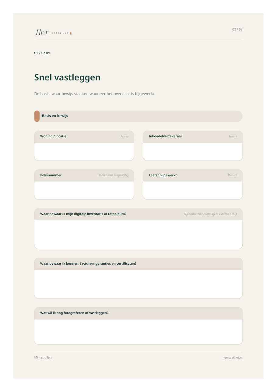 Voorbeeldpagina Snel vastleggen uit Mijn Spullen