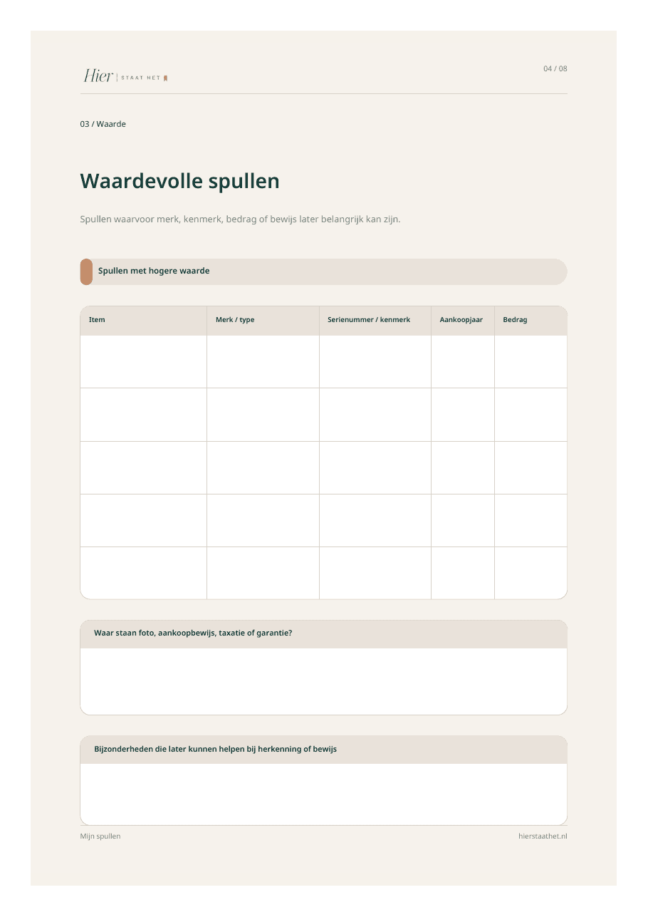 Voorbeeldpagina Waardevolle spullen uit Mijn Spullen