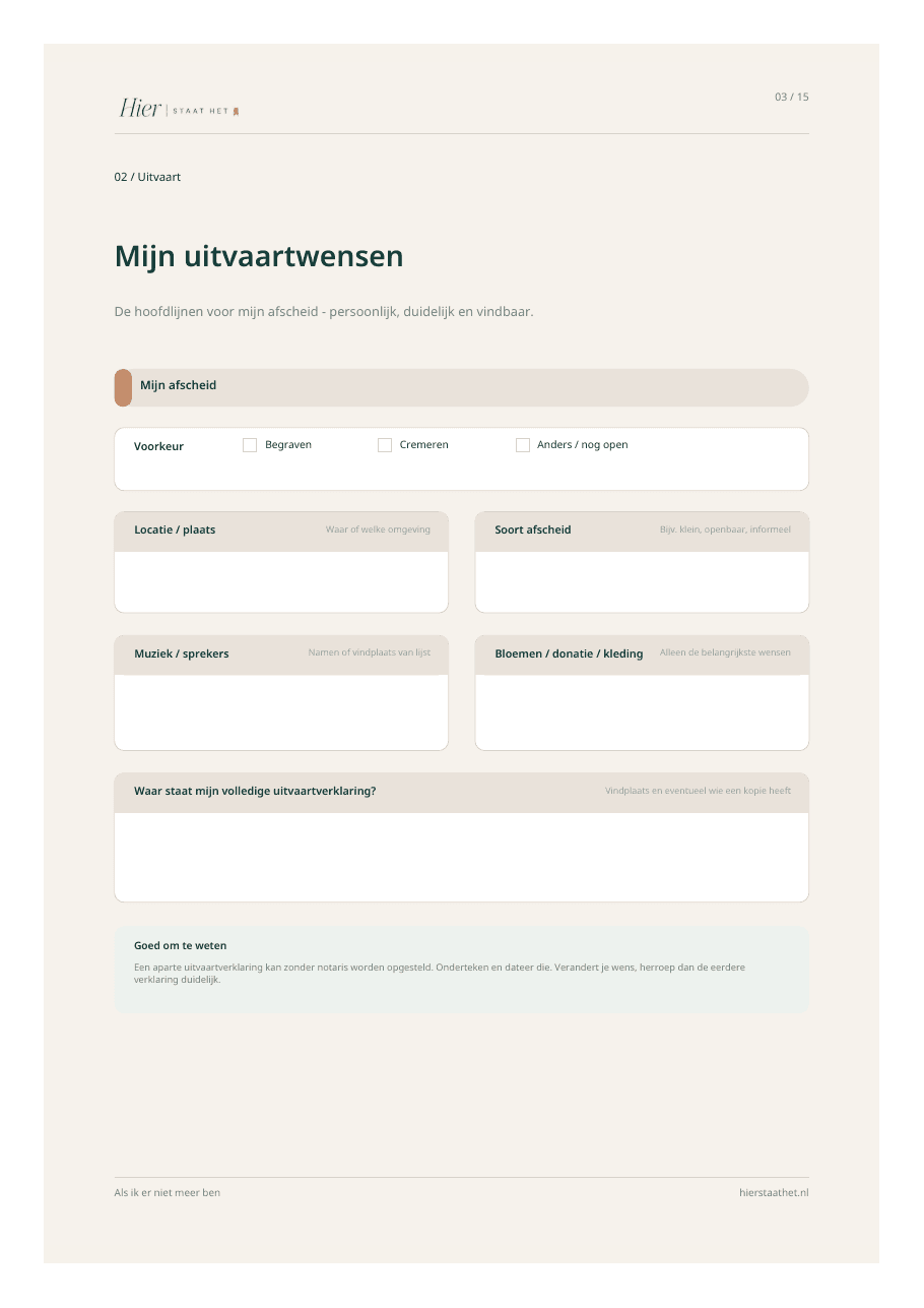 Voorbeeldpagina Mijn uitvaartwensen uit Als ik er niet meer ben