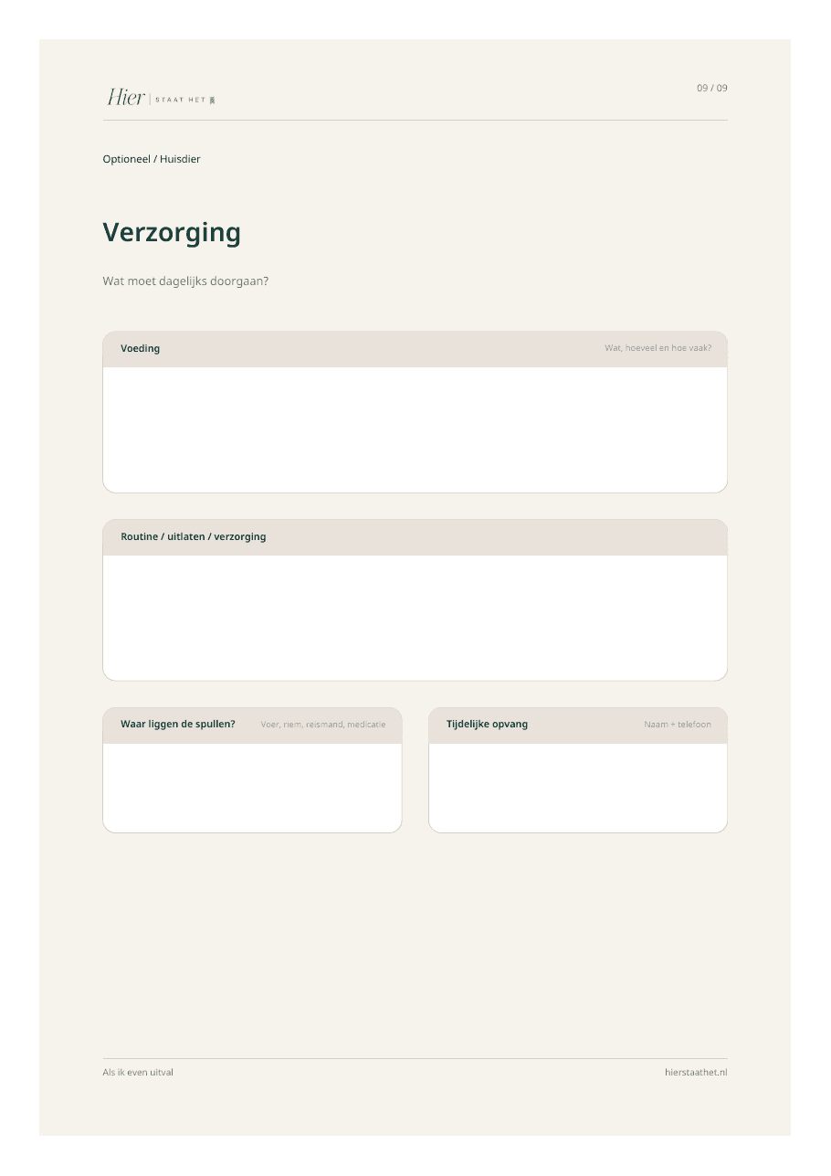 Voorbeeldpagina voor de verzorging van een huisdier