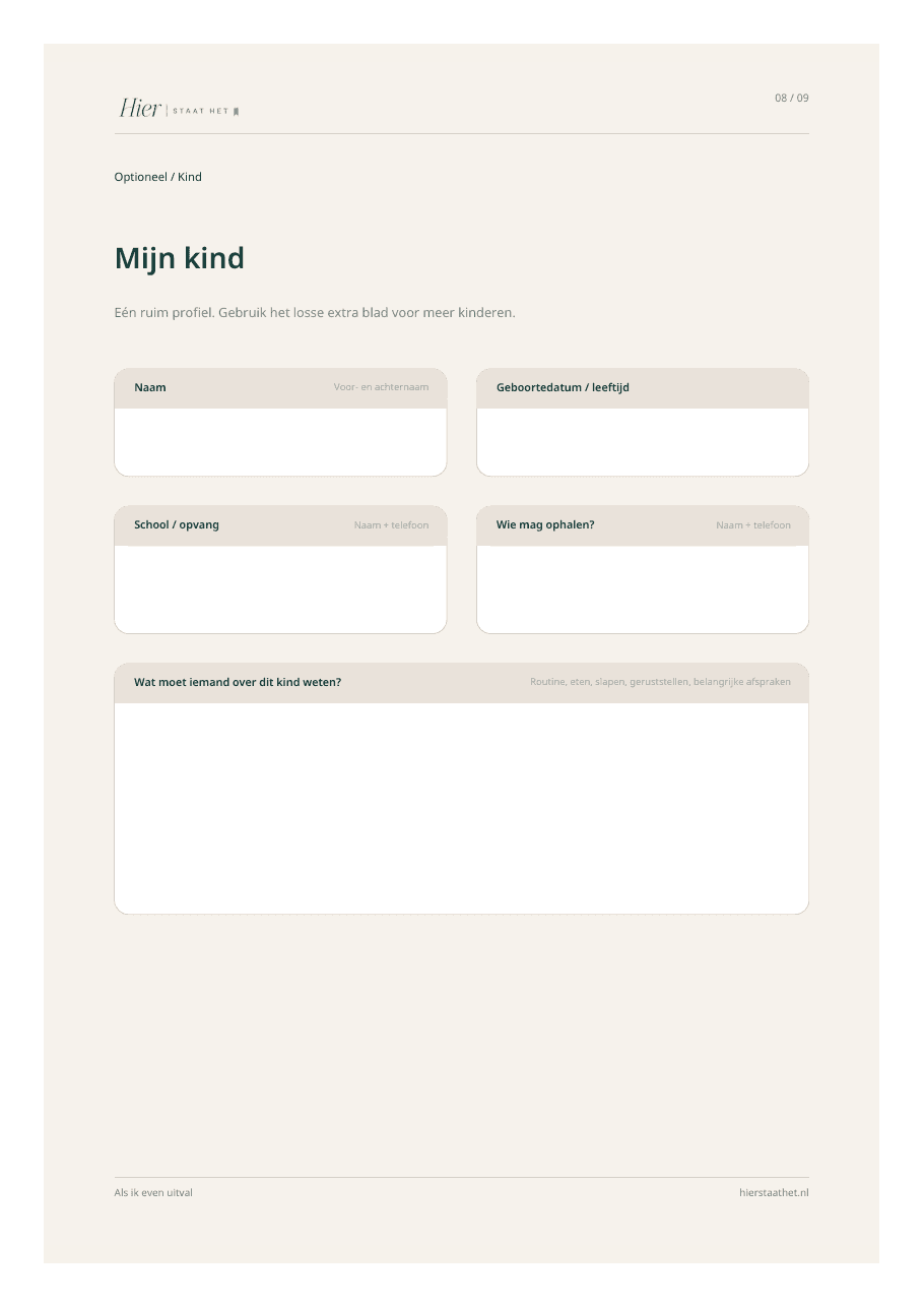 Voorbeeldpagina Mijn kind uit de invulmap Als ik even uitval