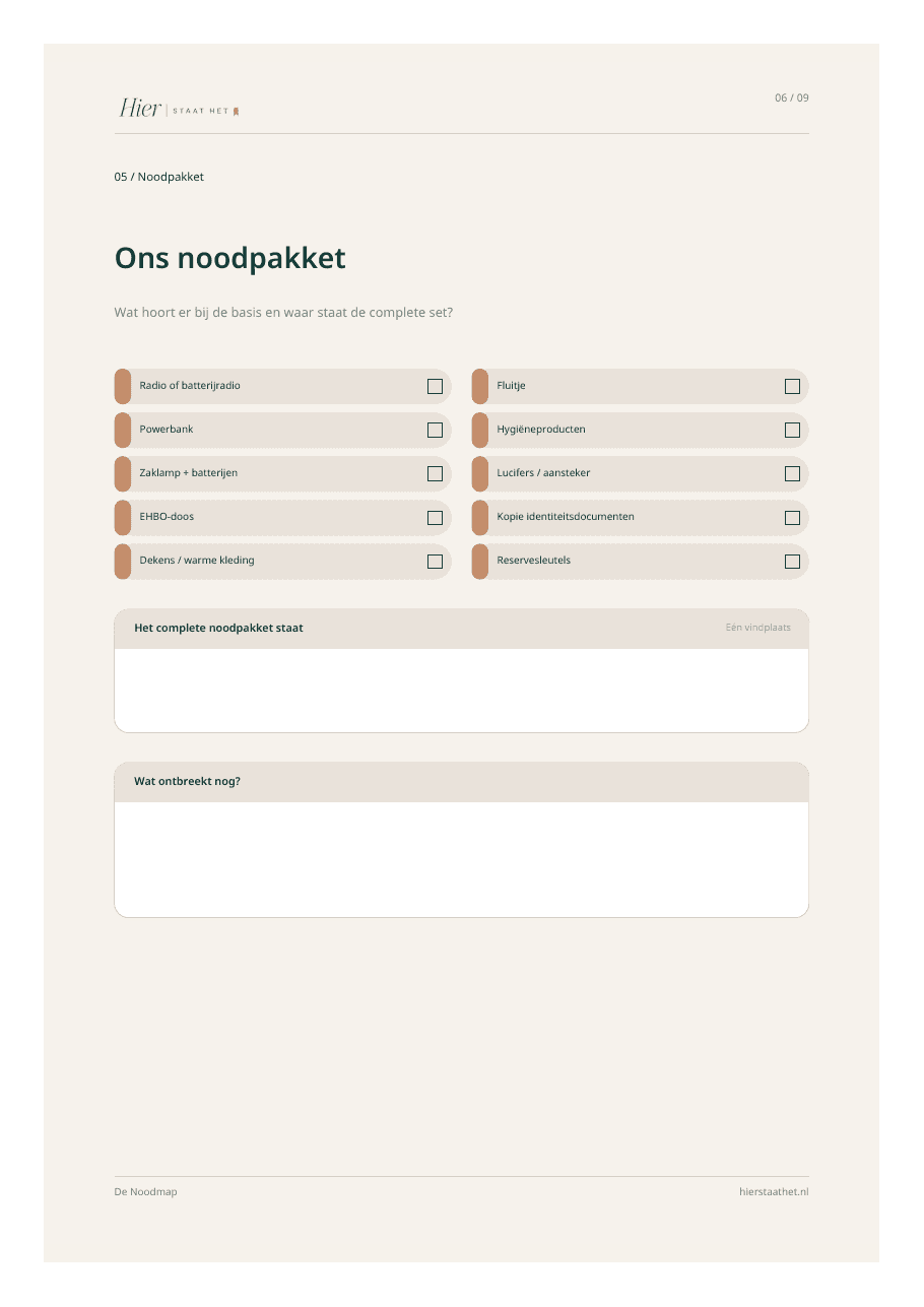 Voorbeeldpagina voor het noodpakket uit De Noodmap