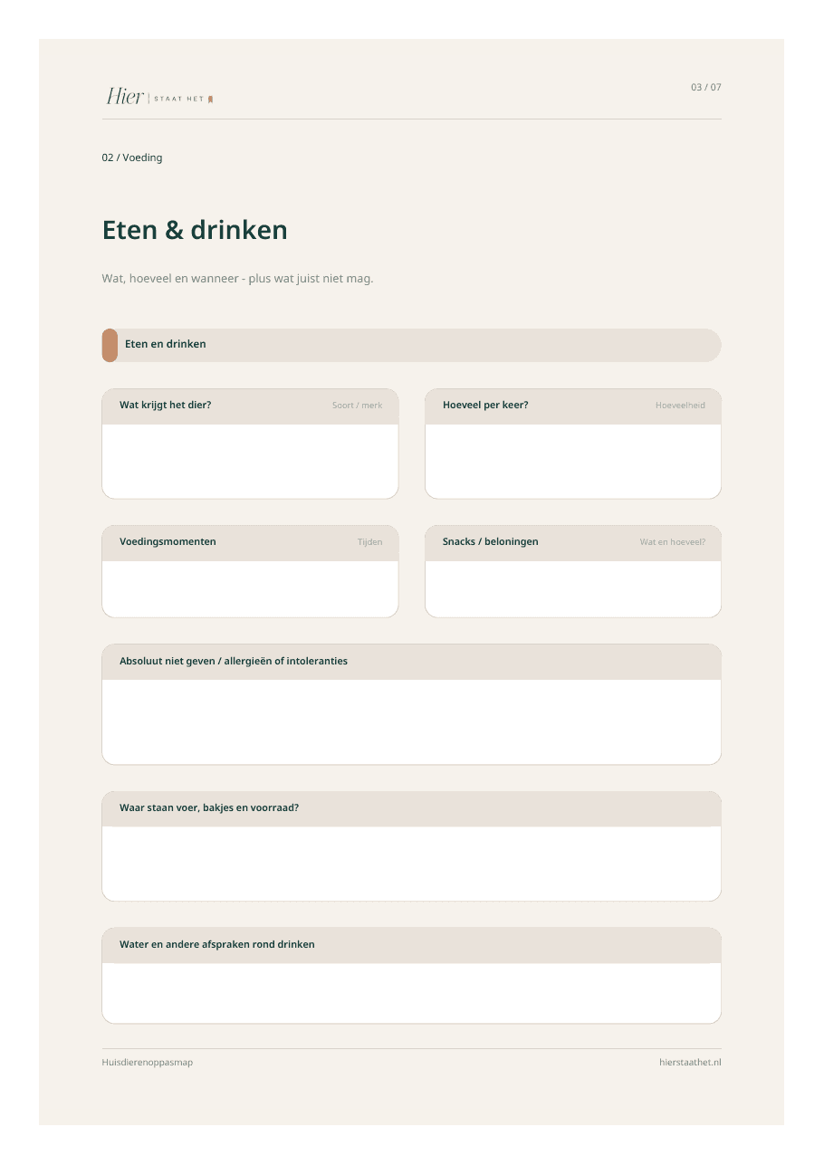 Voorbeeldpagina Eten en drinken uit de Huisdierenoppasmap