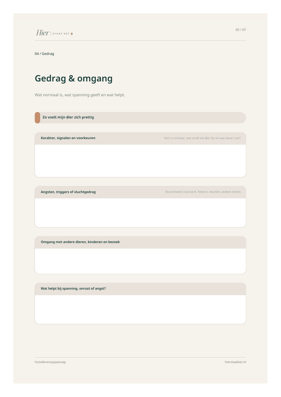 Voorbeeldpagina Gedrag en omgang uit de Huisdierenoppasmap