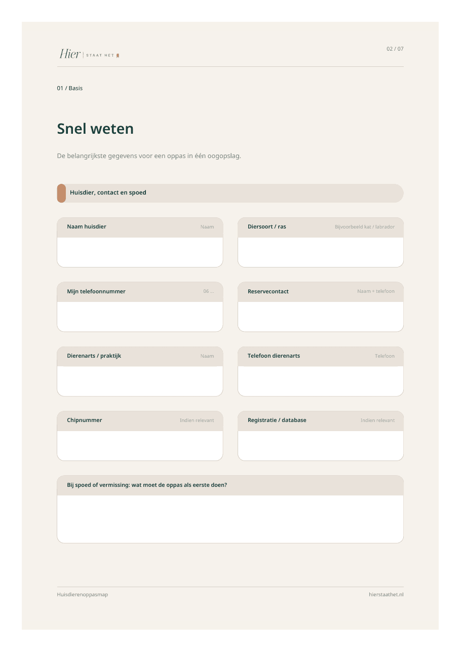 Voorbeeldpagina Snel weten uit de Huisdierenoppasmap