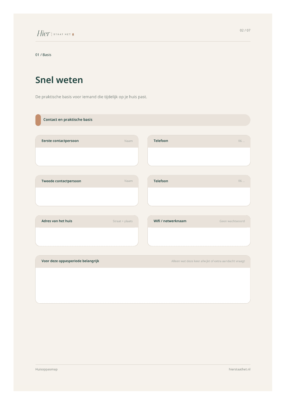Voorbeeldpagina Snel weten uit de Huisoppasmap