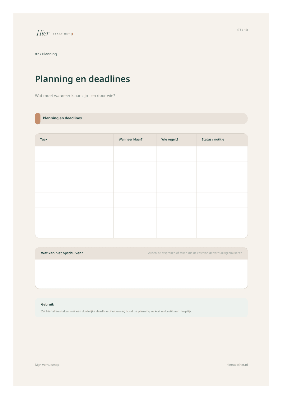 Voorbeeldpagina Planning en deadlines uit Mijn verhuismap