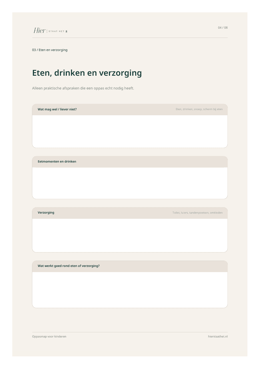 Voorbeeldpagina Eten, drinken en verzorging uit de Oppasmap voor kinderen