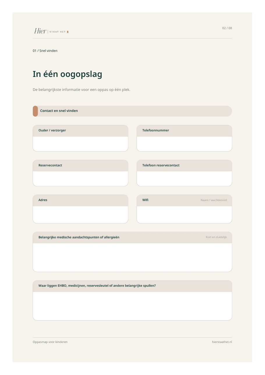 Voorbeeldpagina In één oogopslag uit de Oppasmap voor kinderen