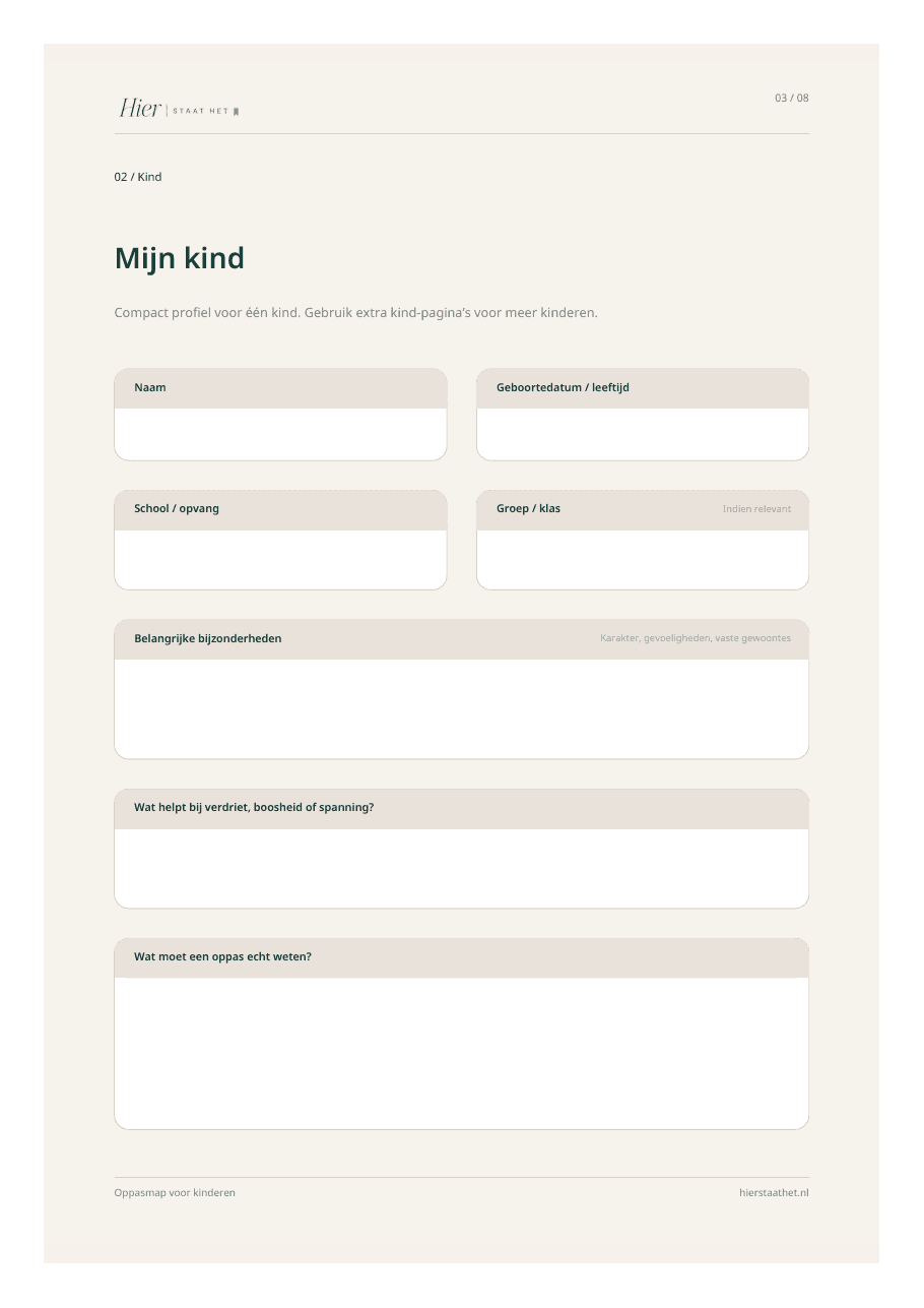 Voorbeeldpagina Mijn kind uit de Oppasmap voor kinderen